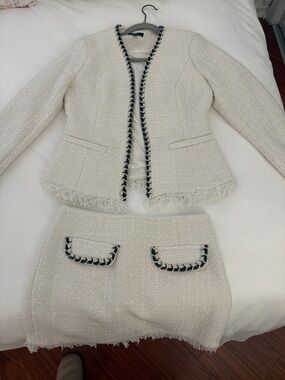 Aqua Ivory Tweed Fringe Jacket and Skirt Set with Black Trim